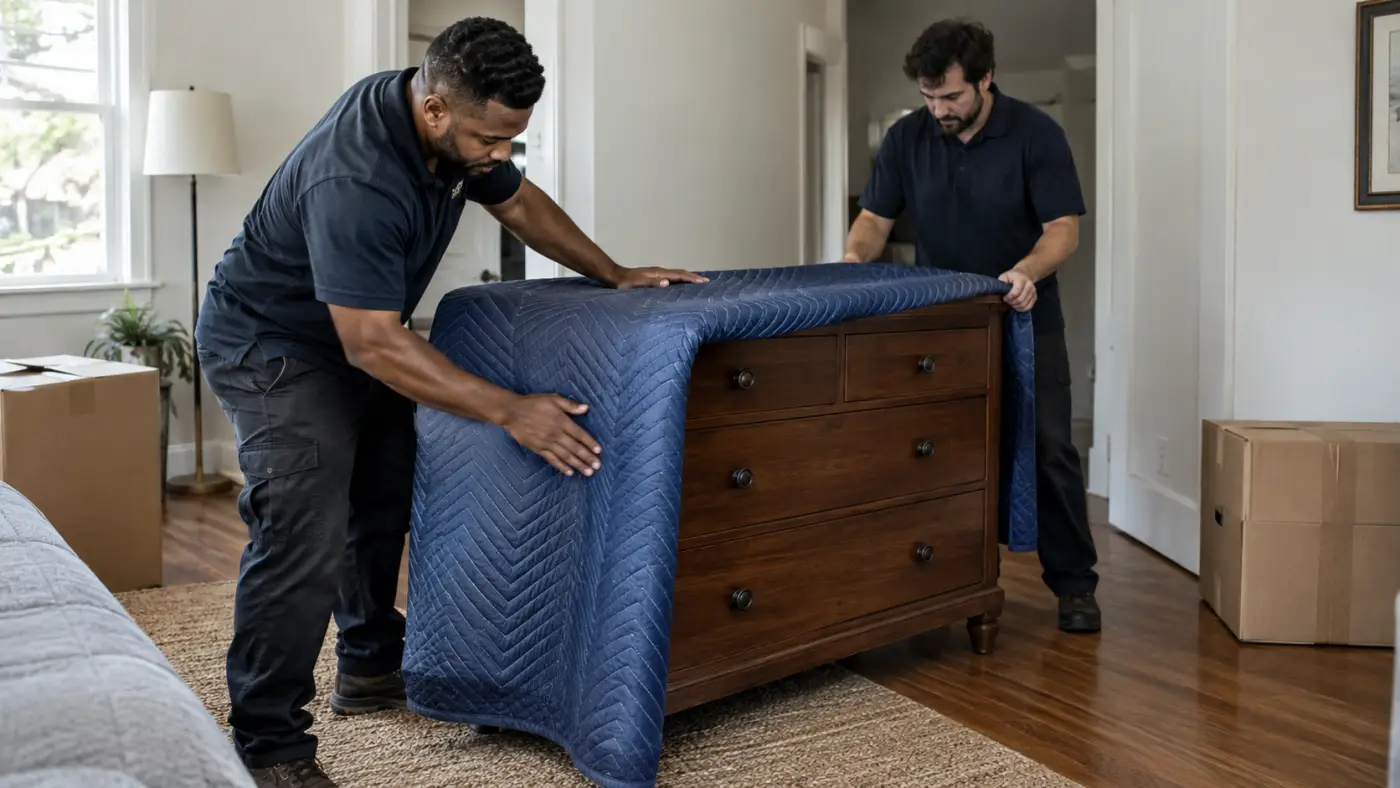 Two movers draping a moving blanket over a wood dresser before moving it