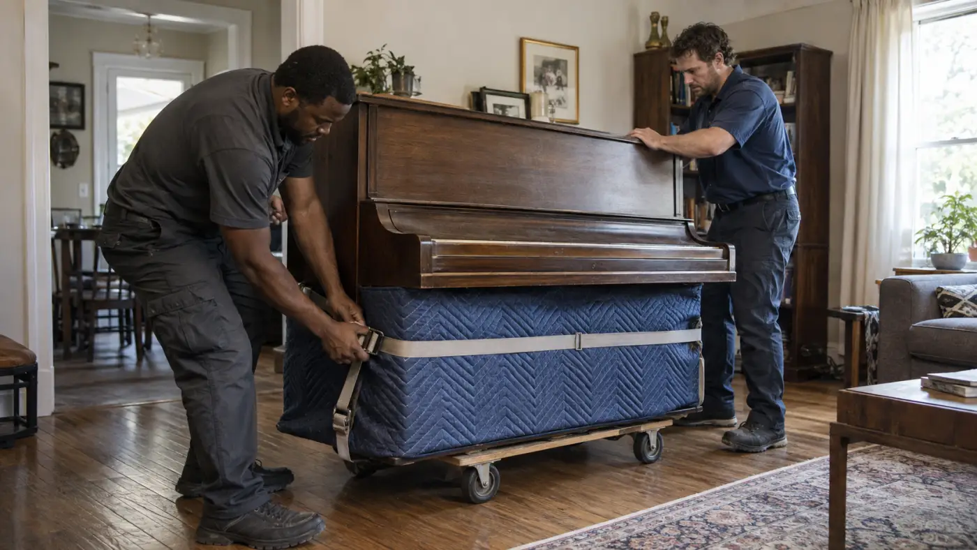 Two movers securing a padded upright piano before moving it