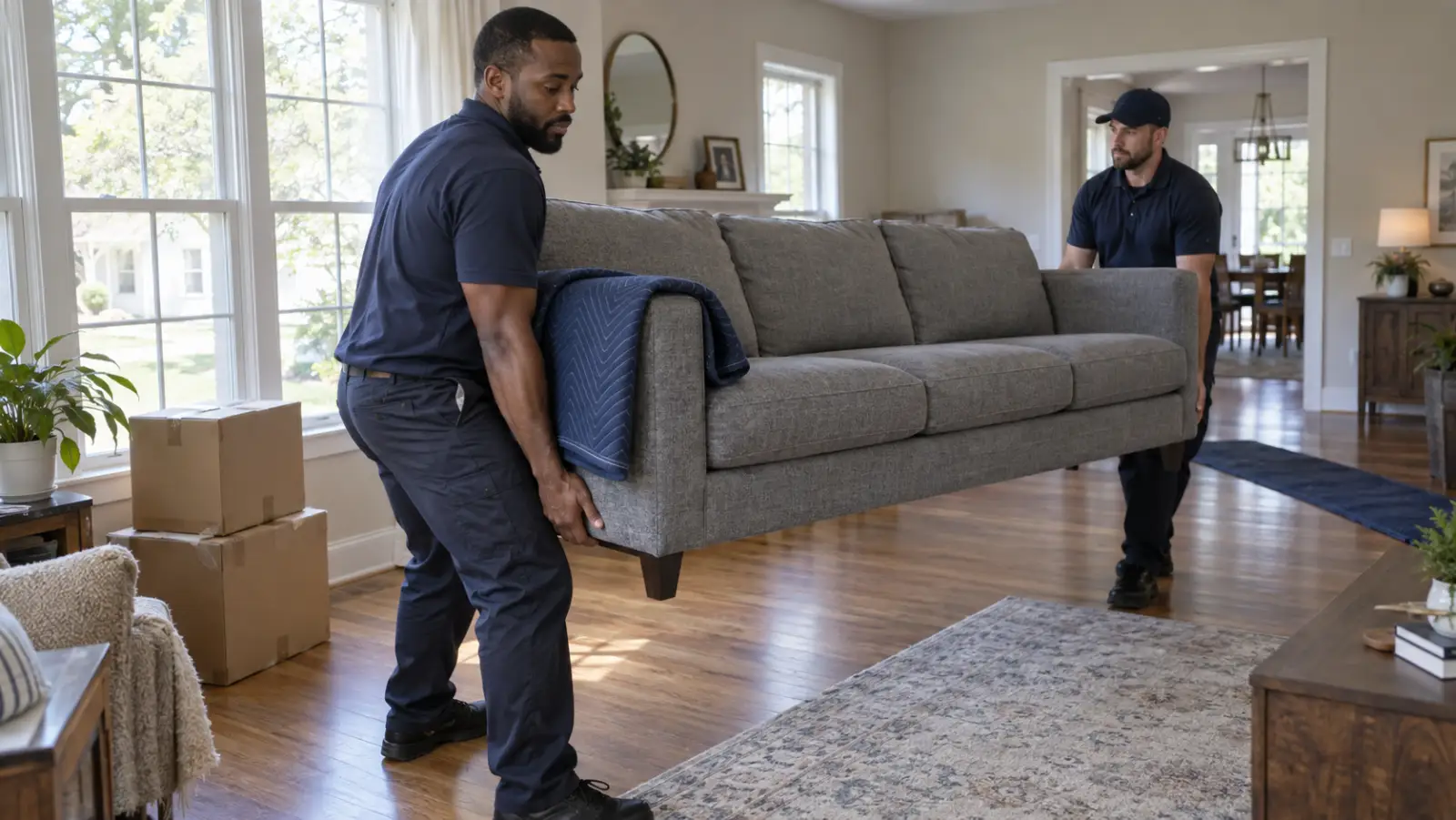 Two movers carrying a gray sofa across a living room, with a moving blanket over one arm